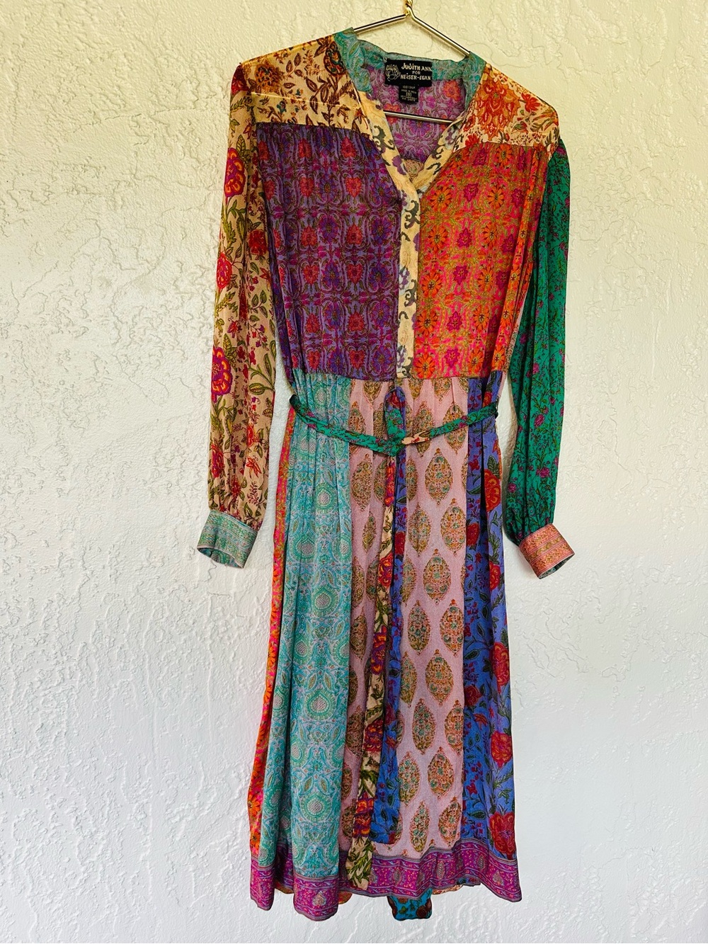 Vintage Judith Ann For Heiser-Egan 100% Silk Patchwork Boho Midi Dress Tie Waist - Picture 8 of 10